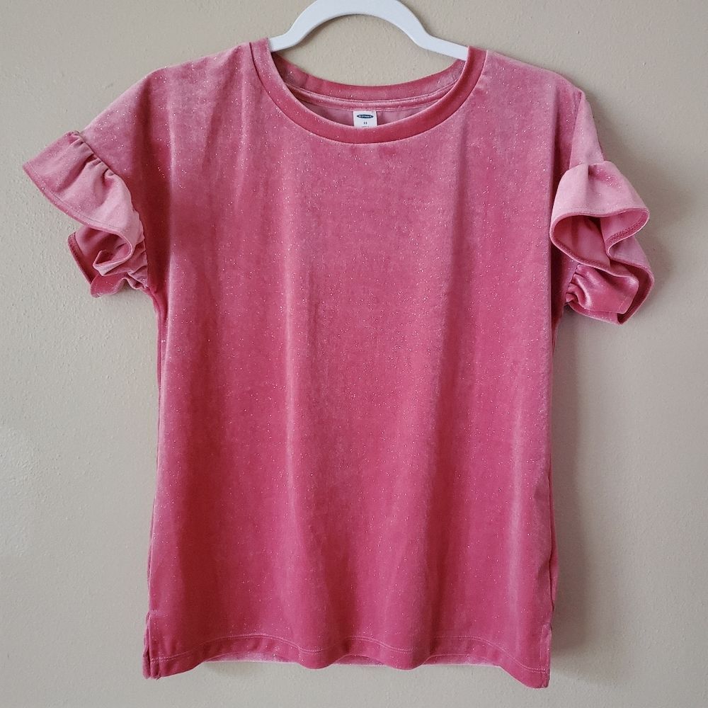 Old Navy Pink Sparkly Ruffled Short Sleeve Velvet Blouse XS Shimmer Velour Top